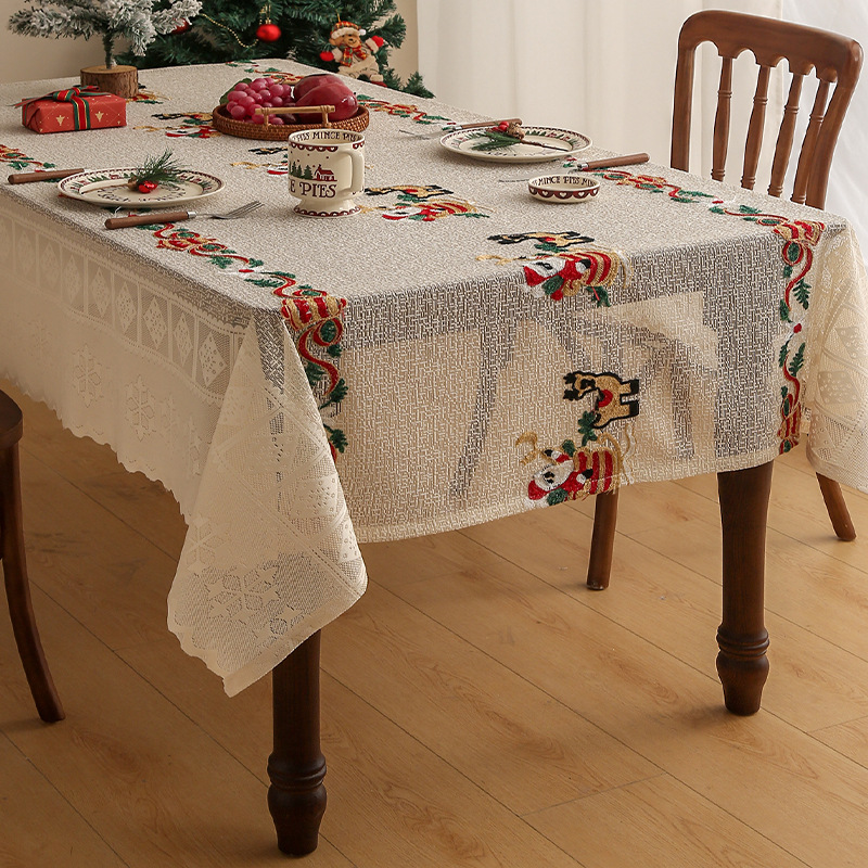 V888-ELOSUNG26141-202504171812-00 Embroidered Christmas Tablecloth - Embroidered Santa Claus, Reindeer (140*305cm) - Image 1