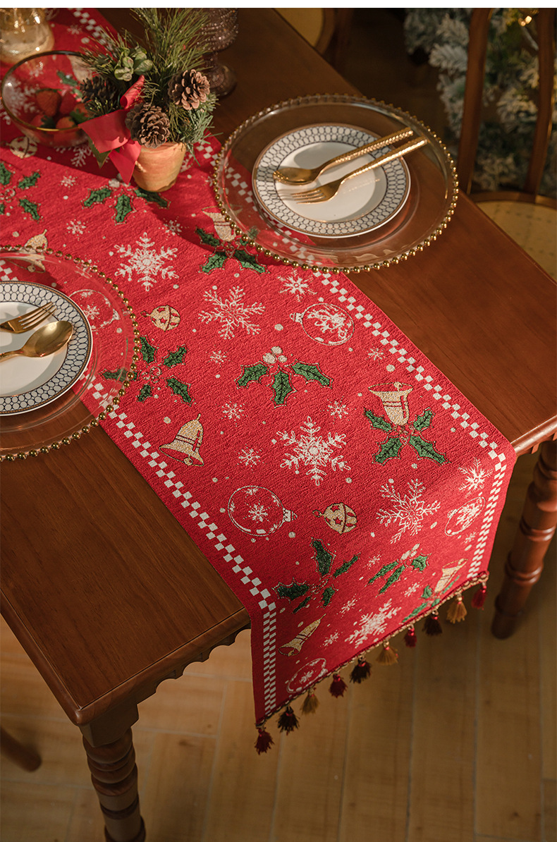 V888-ELOSUNG26143-202504171822-00 Red Christmas Table Runner with Tassels - Festive Snowflake & Bell Print (35*220cm) - Image 1