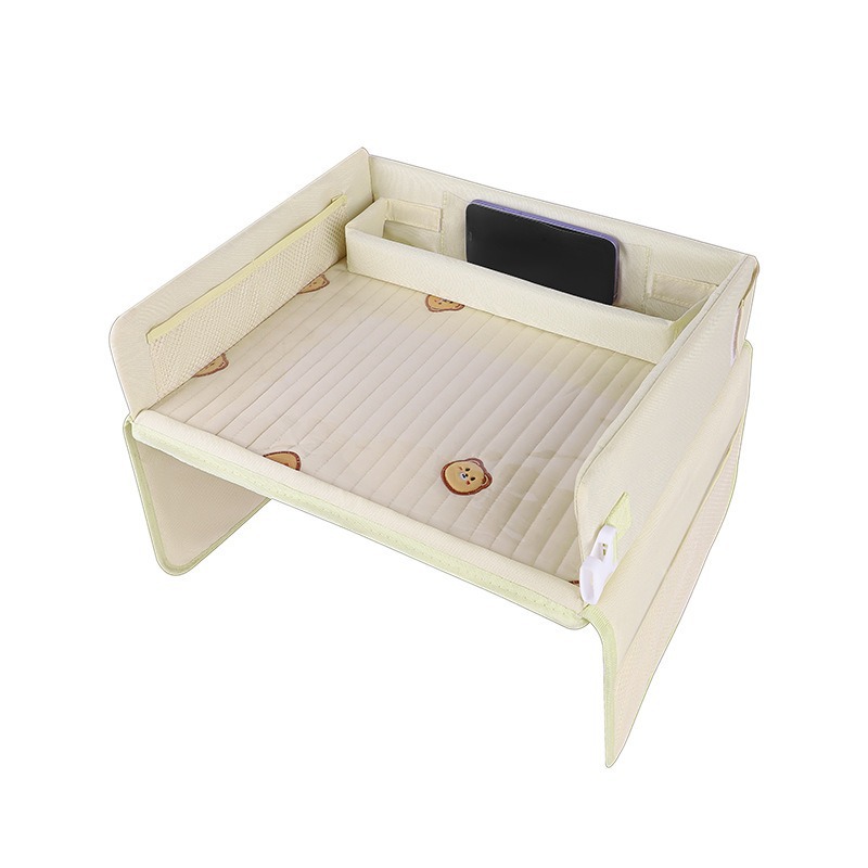 V888-ELOSUNG26232-202504211233-00 Kids Car Seat Travel Tray - Waterproof Lap Desk with Storage Pockets (Beige Bear - Square) - Image 1