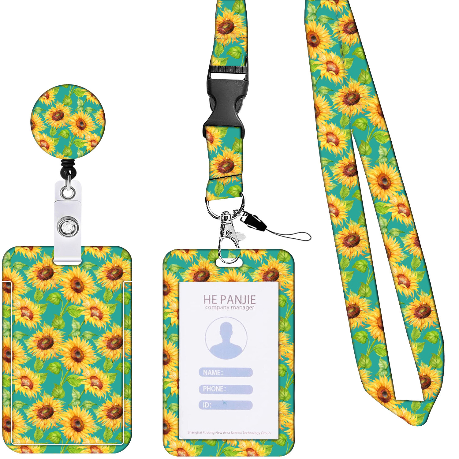 V888-ELOSUNG26238-202504211242-00 2-pcs Retractable ID Badge Reel Lanyard Set with Vertical Hard Plastic Card Holder - Green sunflowers (Style 2) - Image 1