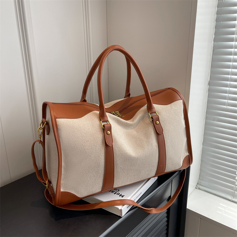 V888-ELOSUNG26294-202504281611-00 Brown Contrast Color Women's Travel Bag - Canvas & PU Leather Trim Luggage (32x21x14cm) - Image 1