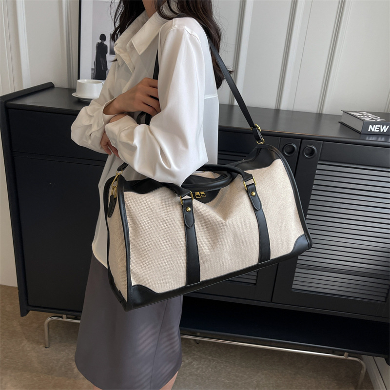 V888-ELOSUNG26295-202504281611-00 Black Contrast Color Women's Travel Bag - Canvas & PU Leather Trim Luggage (43x27x19cm) - Image 1
