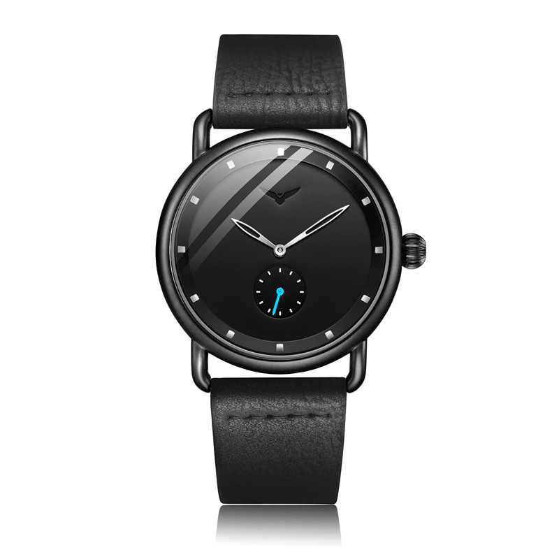 Black Elegant Men's Watch with Leather Band - Small Seconds, Onion Crown Detail