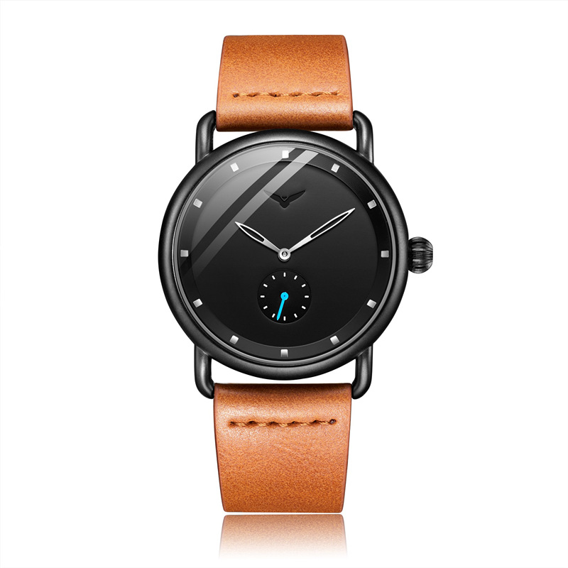 V888-ELOSUNG26303-202504281206-00 Brown belt black surface Elegant Men's Watch with Leather Band - Small Seconds, Onion Crown Detail - Image 1