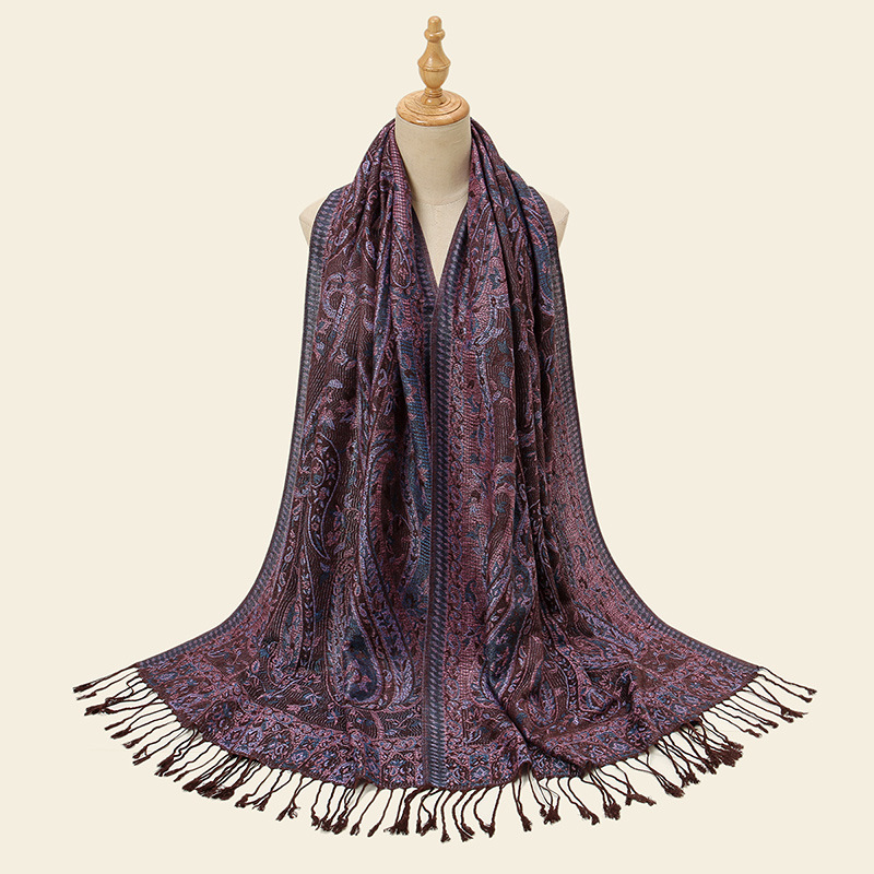 V888-ELOSUNG26333-202504281220-00 Coffee + Purple Elegant Retro Paisley Print Scarf for Women - Soft Fashion Shawl Wrap 185x70cm - Image 1