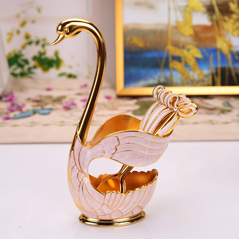 V888-ELOSUNG26337-202504281221-00 Elegant Swan Base Spoon Holder Set with 6 Coffee/Dessert Spoons(Gold and white spoon) - Image 1