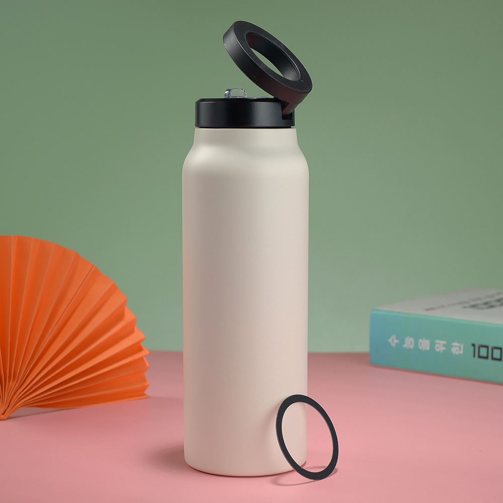 V888-ELOSUNG26414-202504281340-00 Stainless Steel Insulated Water Bottle with Integrated Magnetic Phone Stand - Beige (32oz) - Image 1