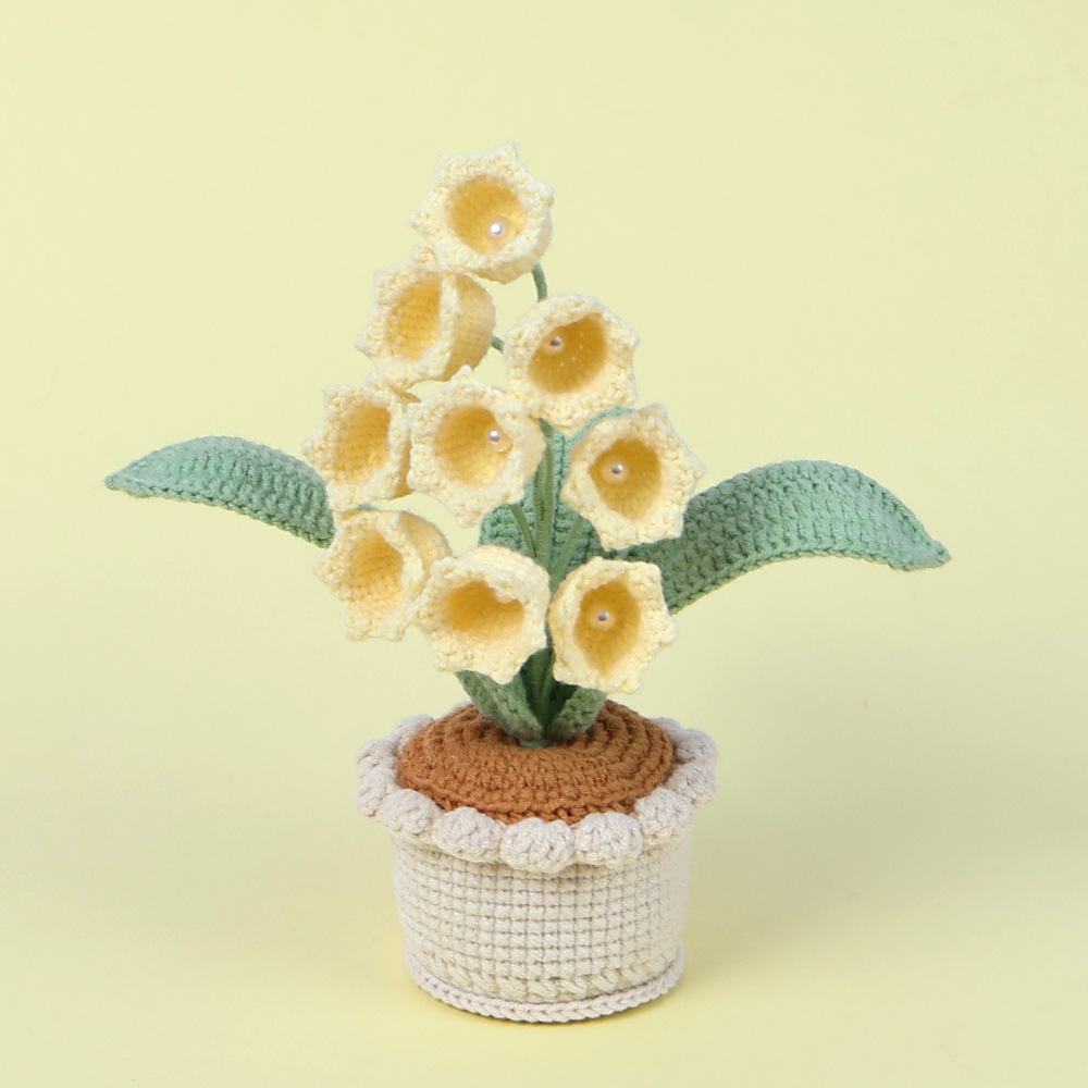 V888-ELOSUNG26503-202504281618-00 Handmade Crochet Lily of the Valley Potted Plant - Everlasting Crochet Flower Arrangement (9 heads Yellow) - Image 1