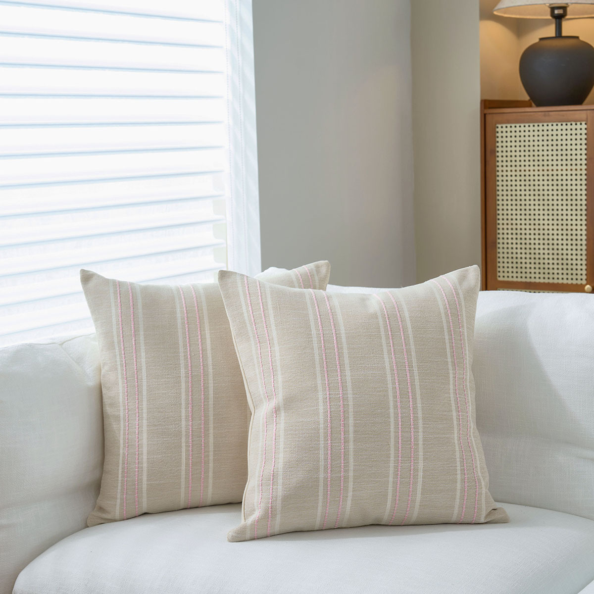 V888-ELOSUNG26530-202504291610-00 Textured Vertical Striped Pillowcases - Scandinavian Home Decor Accents (Pink Stripes Pair - 45x45cm) - Image 1