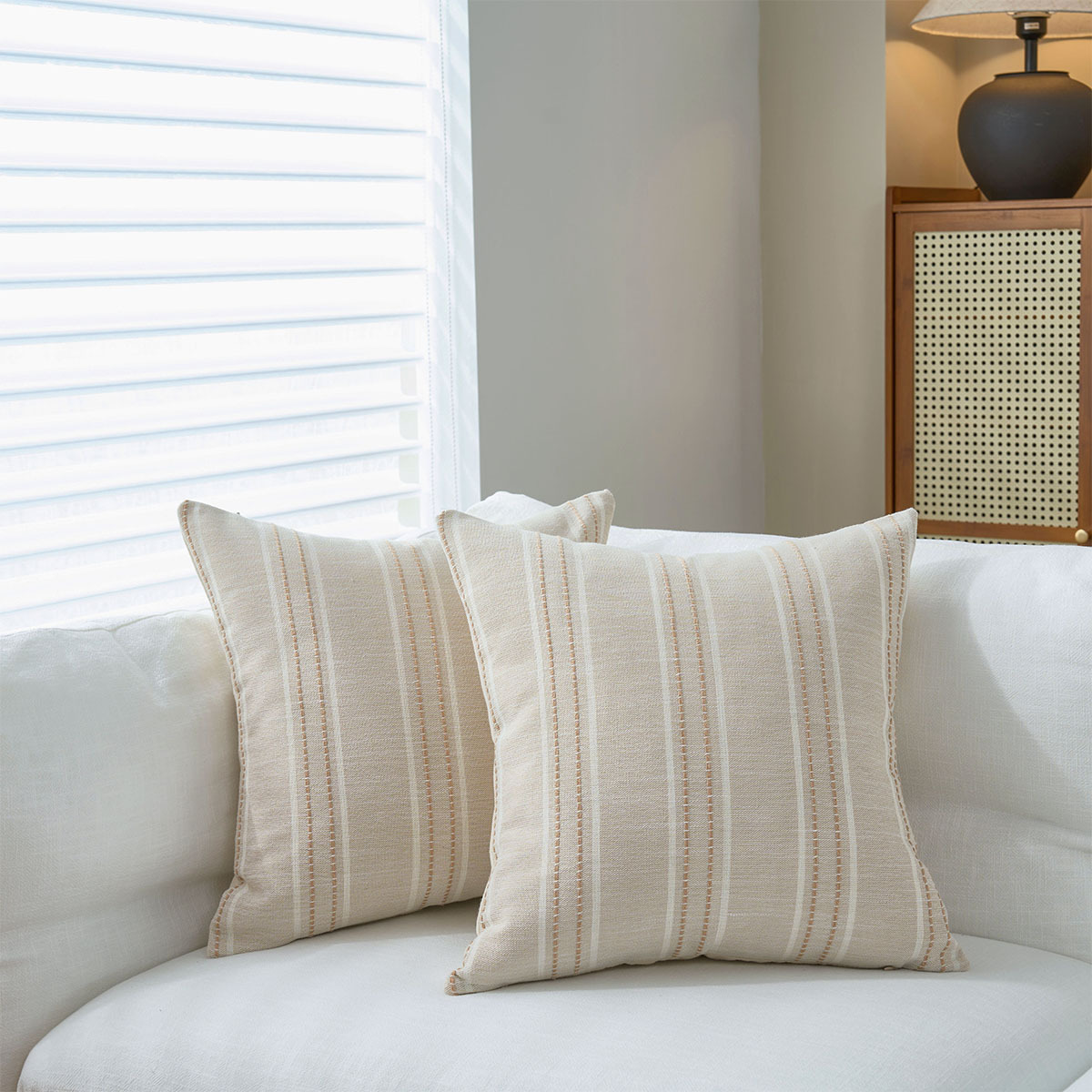 V888-ELOSUNG26531-202504291531-00 Textured Vertical Striped Pillowcases - Scandinavian Home Decor Accents (Beige Stripes Pair - 45x45cm) - Image 1