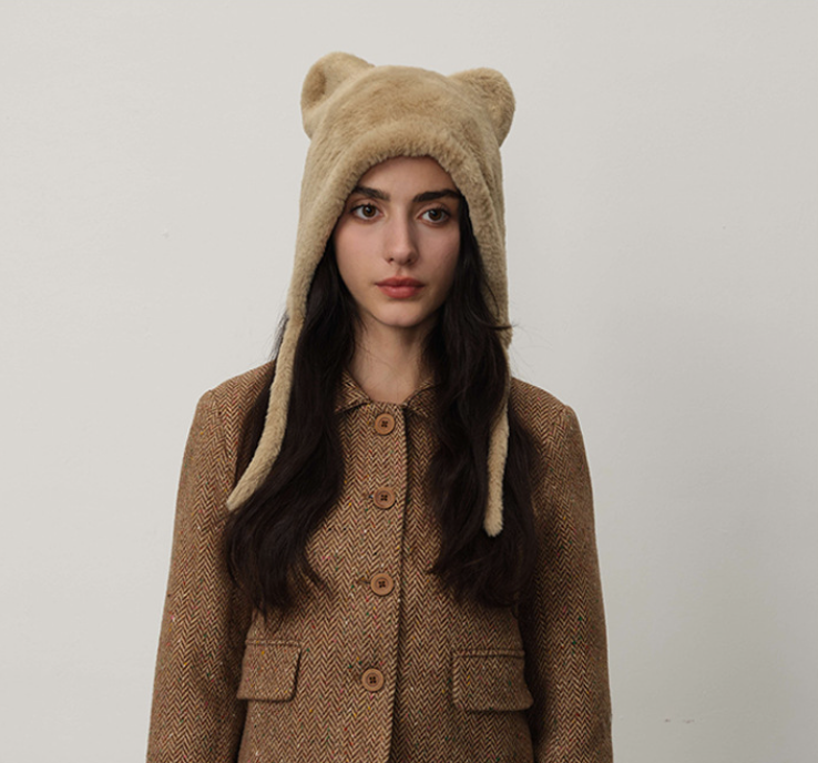 V888-ELOSUNG26617-202505131647-00 Beige Fluffy Cat Ear Winter Earflap Hat Women Knitted Warm Cold Weather Cap - Image 1