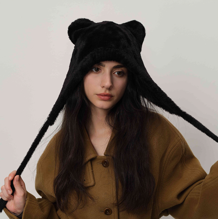 V888-ELOSUNG26620-202505131647-00 Black Fluffy Cat Ear Winter Earflap Hat Women Knitted Warm Cold Weather Cap - Image 1