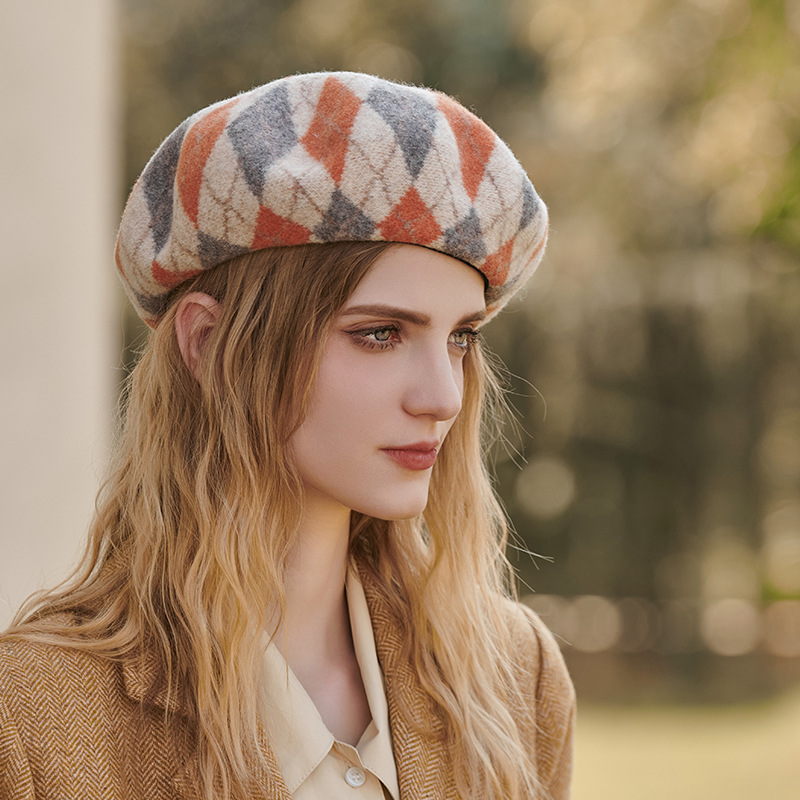V888-ELOSUNG26630-202505131735-00 Diamond Colorblock Wool Beret - Stylish Plaid Painter Hat, Warm and Soft - (Orange) - Image 1