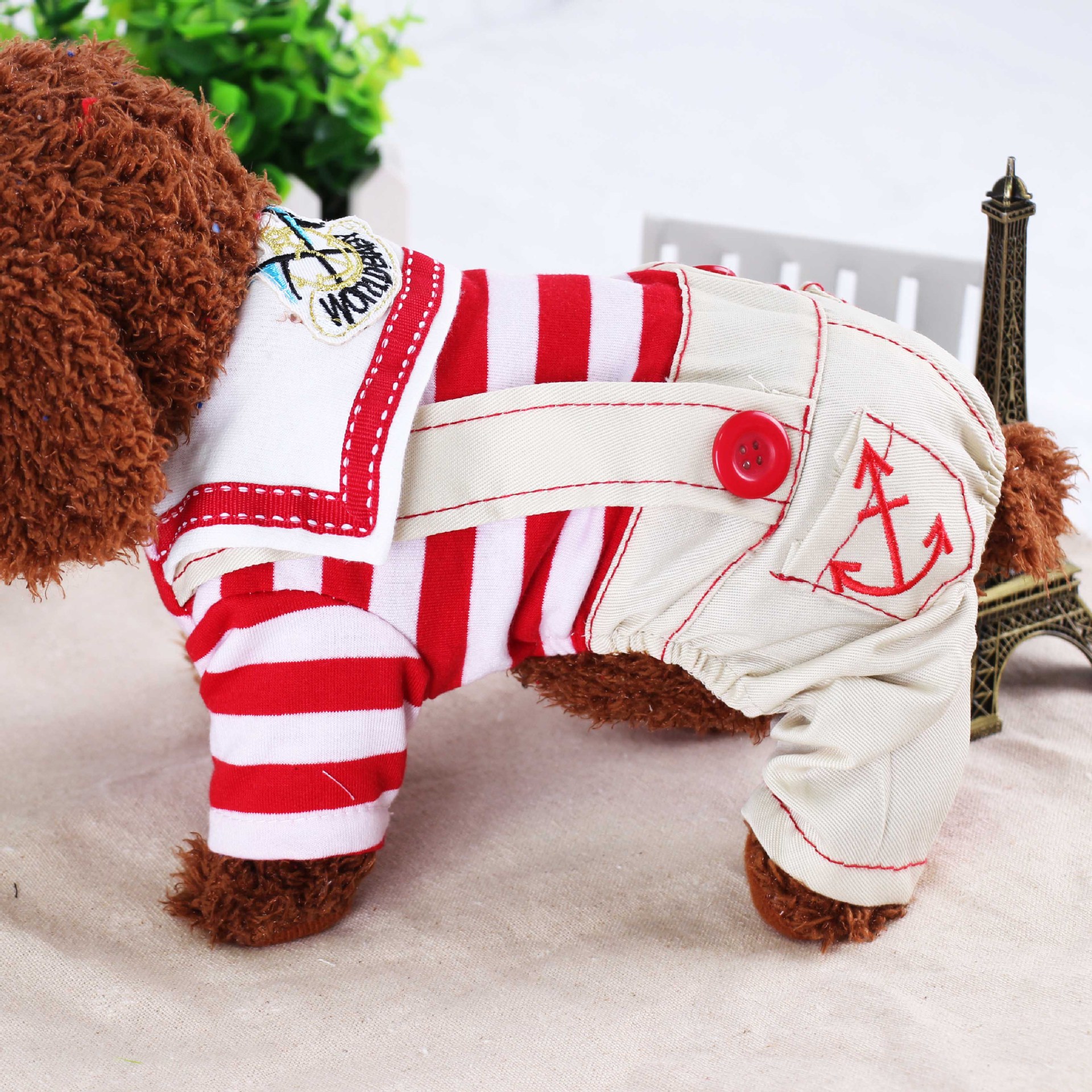V888-ELOSUNG26791-202505131947-00 Red Cute Sailor Dog Outfit - Striped Shirt & Anchor Overalls for Small Dogs (Size : XL ) - Image 1