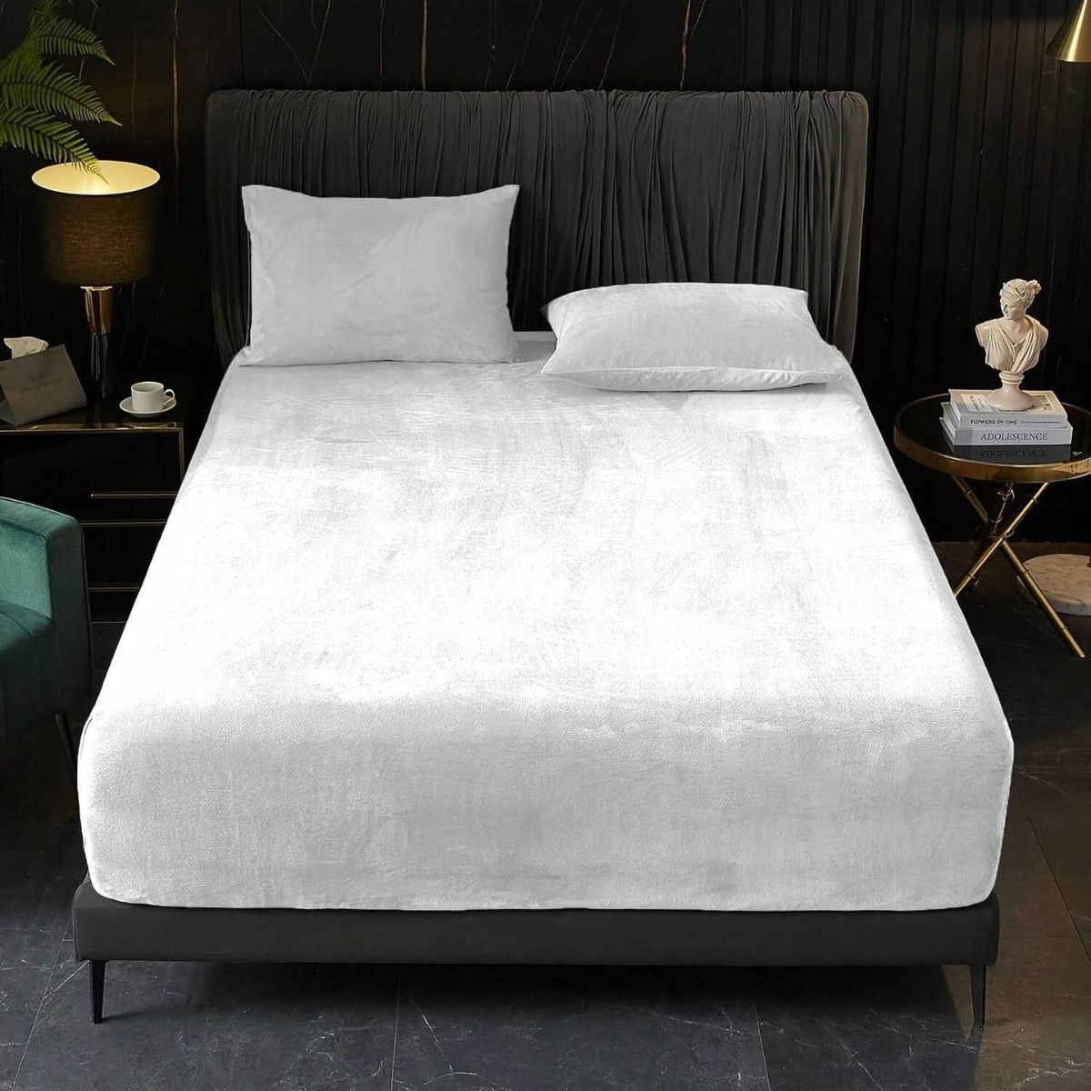 V888-ELOSUNG26828-202505151722-00 White Plush Crystal Velvet Fitted Sheet - Ultra Soft, Warm & Thick for Winter (99x190+36cm) - Image 1