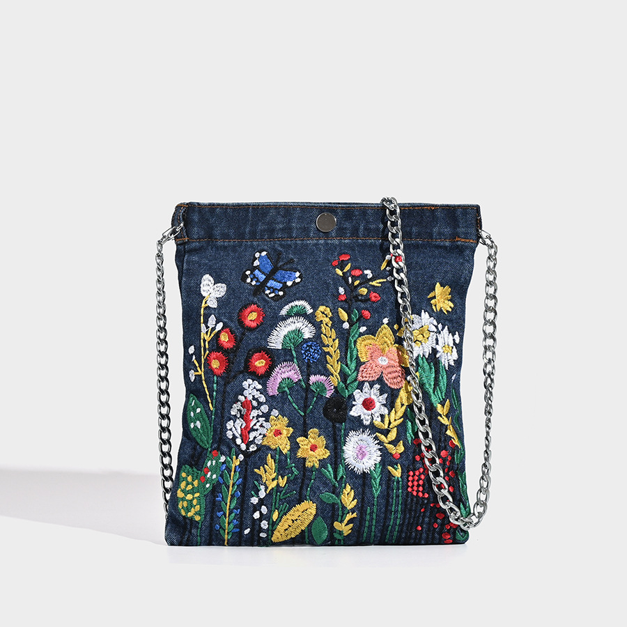 V888-ELOSUNG26915-202505191222-00 Embroidered Floral Denim Crossbody Bag - Butterfly & Wildflower Design, Chain Strap - Image 1