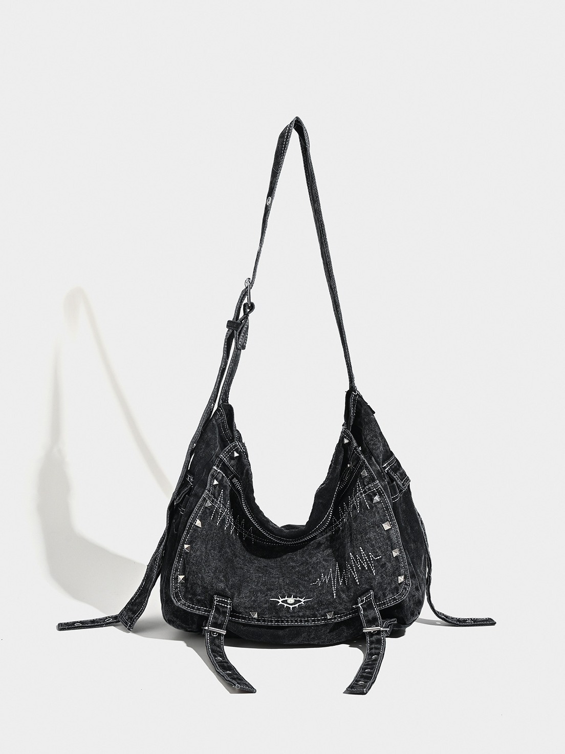 V888-ELOSUNG26916-202505191222-00 Distressed Black Denim Messenger Bag - Rivet Detail, Adjustable Strap, Large Streetwear Tote - Image 1