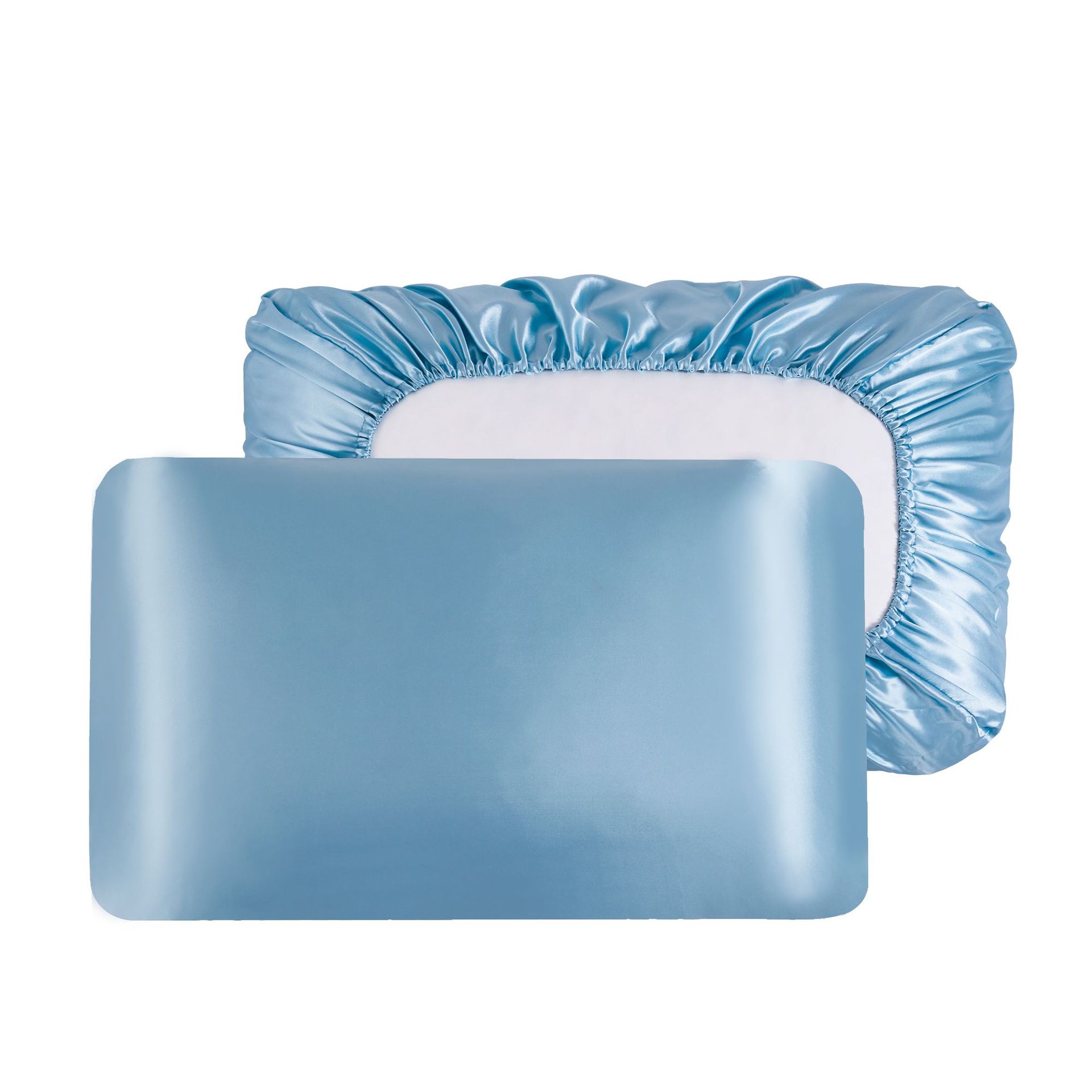 V888-ELOSUNG26946-202505191400-00 Sky Blue Silky Satin Pillowcase Pair - Smooth for Hair & Skin, Elastic Fitted (46x70+16cm) - Image 1