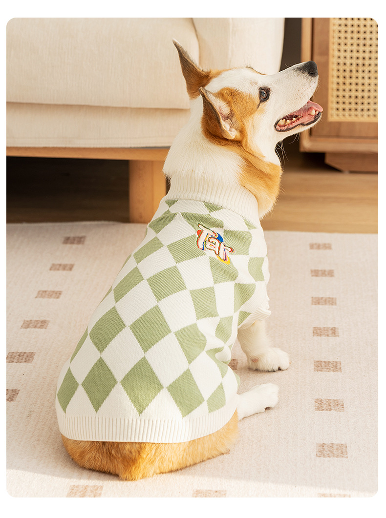 V888-ELOSUNG26962-202505191412-00 Classic Argyle Dog Sweater - Green & White Knit for Corgis & Medium Breeds (Size : S) - Image 1