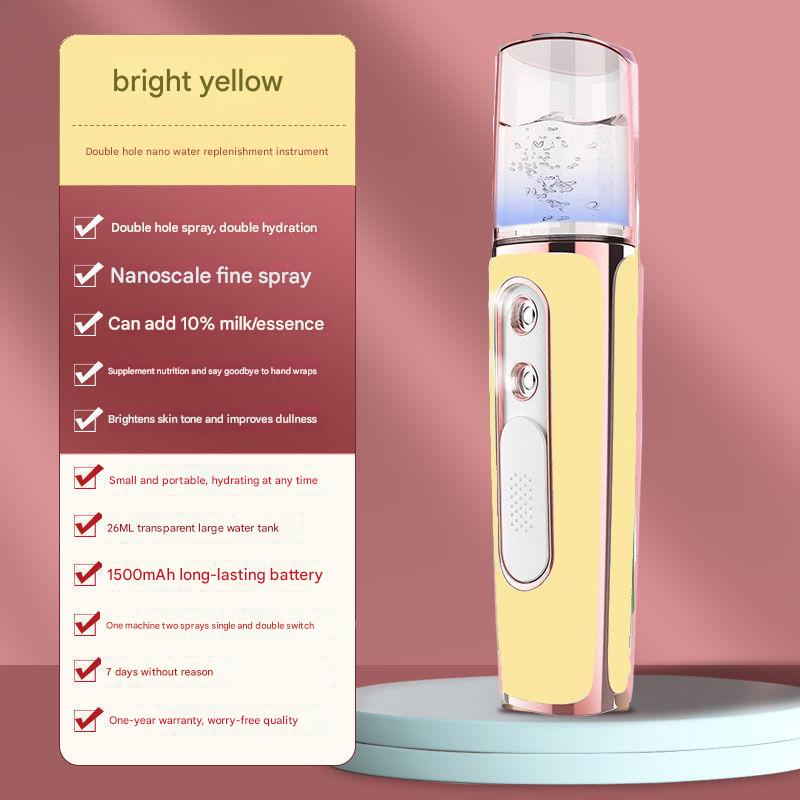 V888-ELOSUNG26966-202505191416-00 Yellow Dual Nozzle Nano Facial Mister - USB Rechargeable Hydrating Spray - Image 1