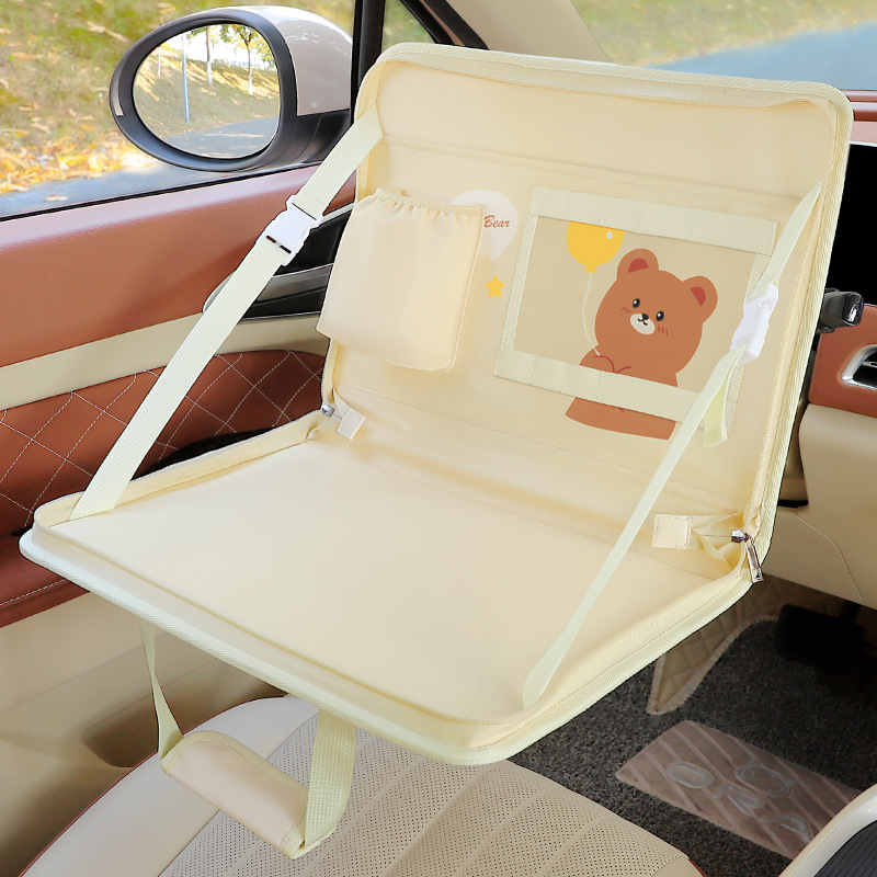 V888-ELOSUNG27010-202504171713-00 Yellow Foldable Car Back Seat Organizer Tray - PU Leather Travel Desk with Tablet Holder - Image 1