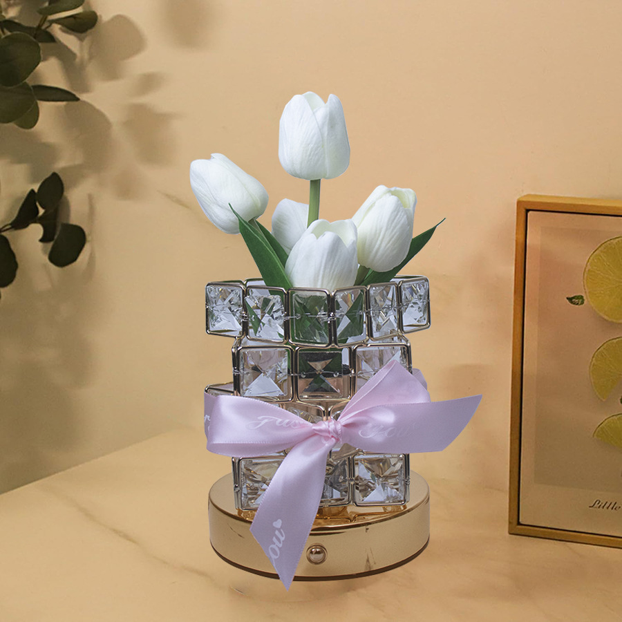 V888-ELOSUNG27063-202504211332-00 White Elegant Crystal Tulip LED Night Light - Rechargeable Touch Lamp with 3 Colors & Dimming - Image 1