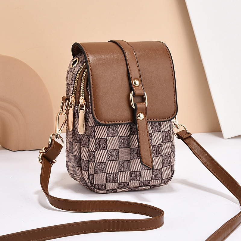 V888-ELOSUNG27083-202504211137-00 Brown Chic Checkered Mini Crossbody Phone Purse - PU Leather Vertical Shoulder Bag with Headphone Port - Image 1
