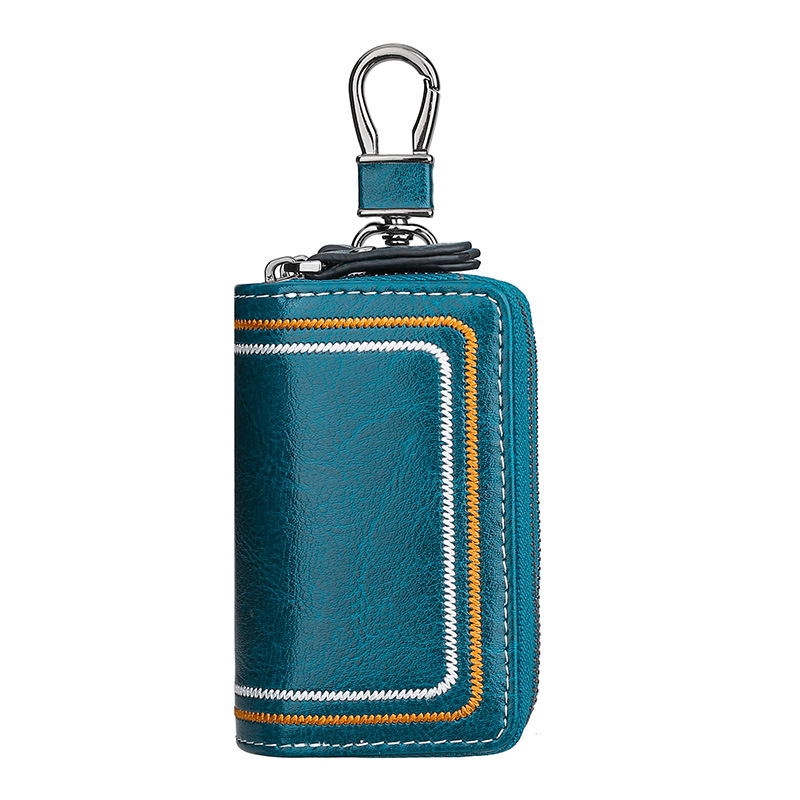 V888-ELOSUNG27091-202504211145-00 Blue Premium Genuine Leather Double Zipper Key Case - Car & House Key Organizer Pouch - Image 1