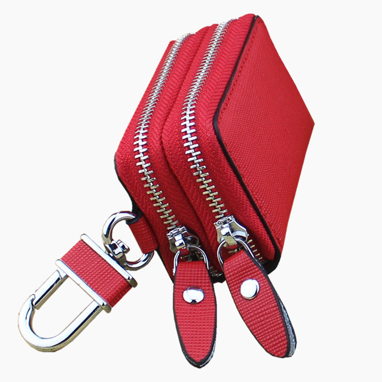 V888-ELOSUNG27094-202504211148-00 Red Compact Crossgrain Leather Double Zipper Key Case - Stylish Car & Home Key Organizer - Image 1