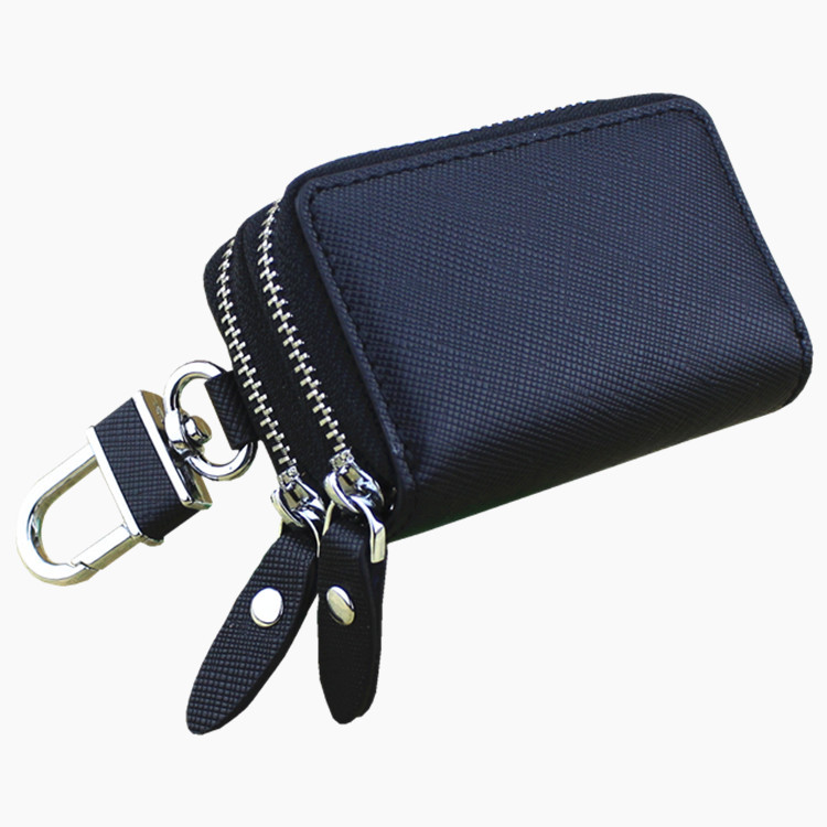 V888-ELOSUNG27096-202504211152-00 Dark Blue Compact Crossgrain Leather Double Zipper Key Case - Stylish Car & Home Key Organizer - Image 1