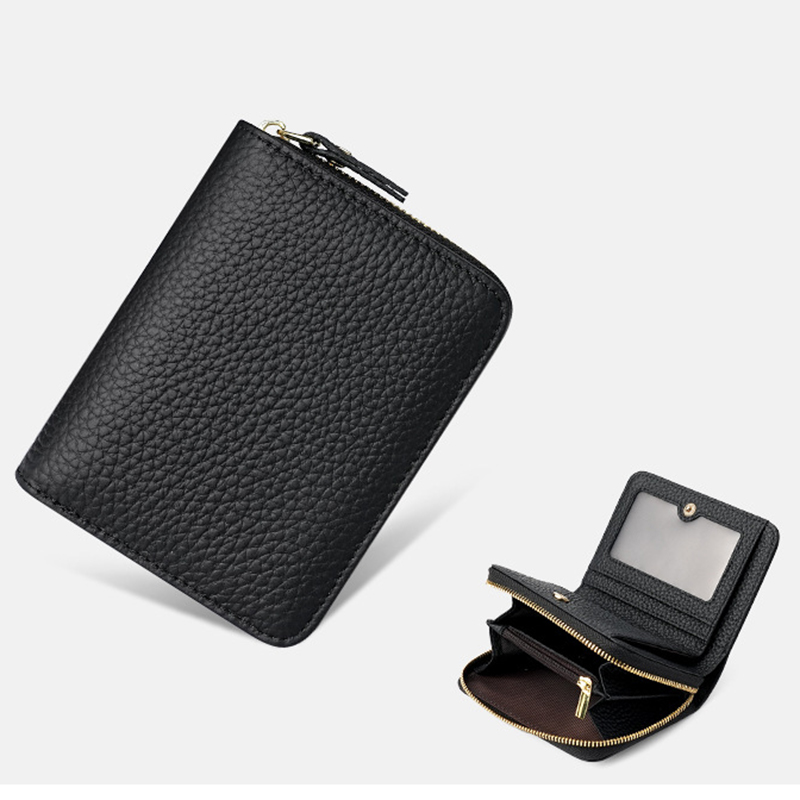 V888-ELOSUNG27116-202504221142-00 Black Compact RFID Genuine Leather Wallet for Women - Secure Zipper Card Holder & Coin Purse - Image 1