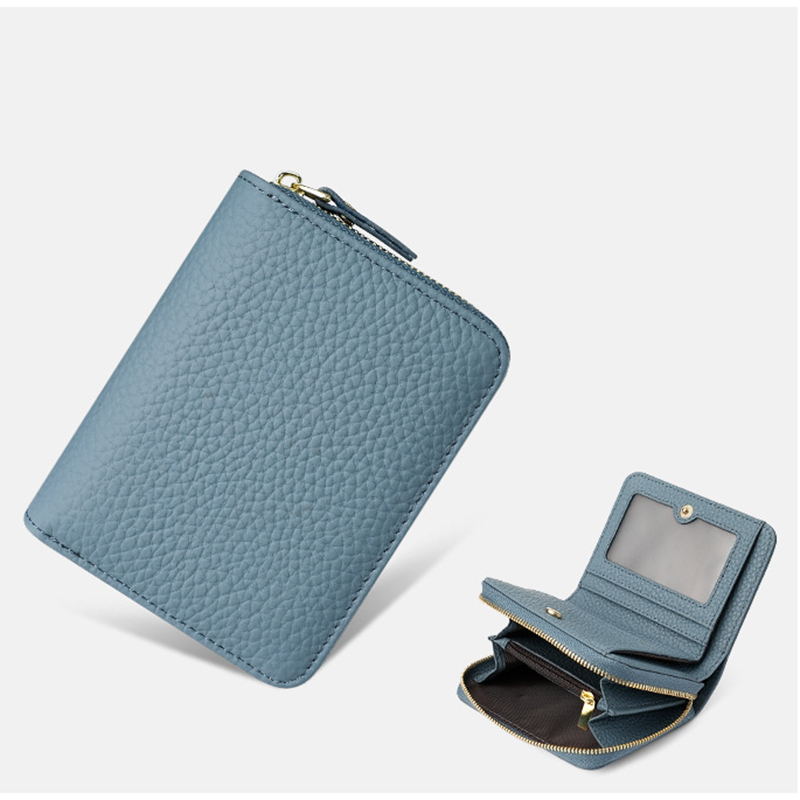 V888-ELOSUNG27117-202504221142-00 Blue Compact RFID Genuine Leather Wallet for Women - Secure Zipper Card Holder & Coin Purse - Image 1