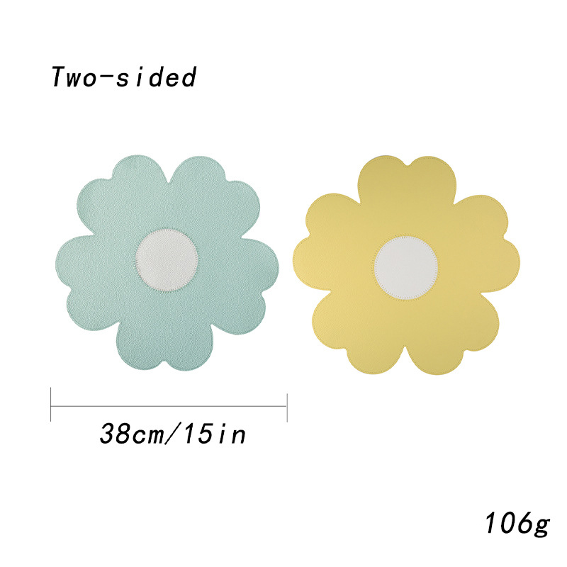 V888-ELOSUNG27135-202504281222-00 Blue Background With White Heart + Blue Background Set of 6 Reversible Flower Shaped Placemats - Waterproof PU Leather Dining Table Mats - Image 1