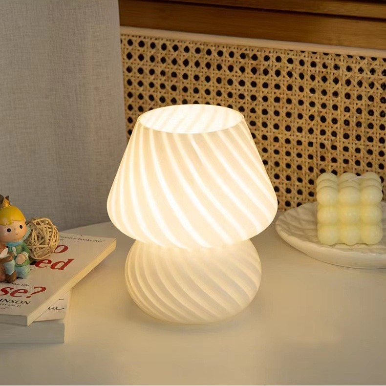 V888-ELOSUNG27144-202504281513-00 White Retro Swirl Glass Mushroom Table Lamp - USB Powered 3-Level Dimmable Bedside Accent Light - Image 1