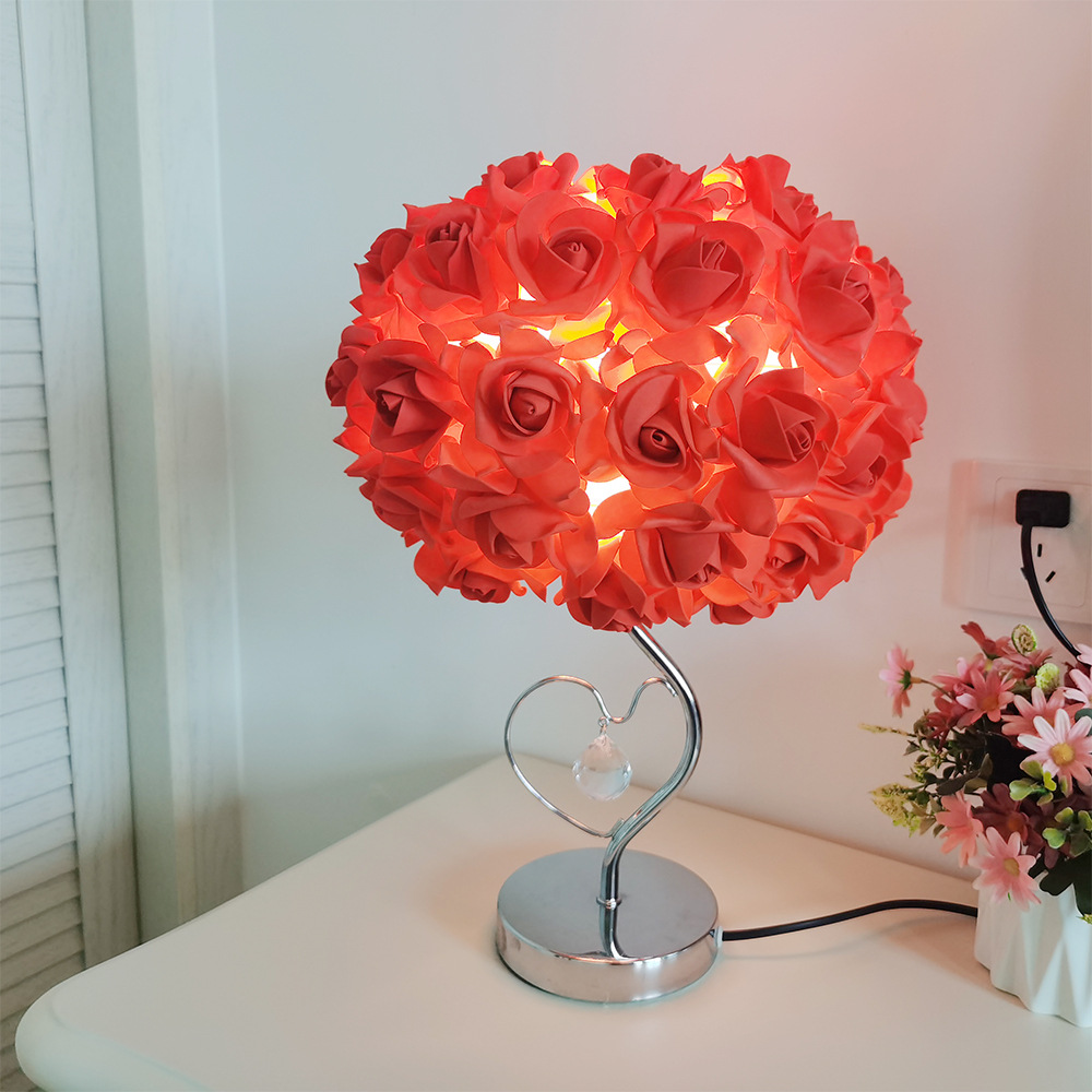 V888-ELOSUNG27156-202504281225-00 Red Roses And Silver Base Romantic Red Rose Flower Table Lamp - Crystal Heart Accent Bedside Night Light - Image 1