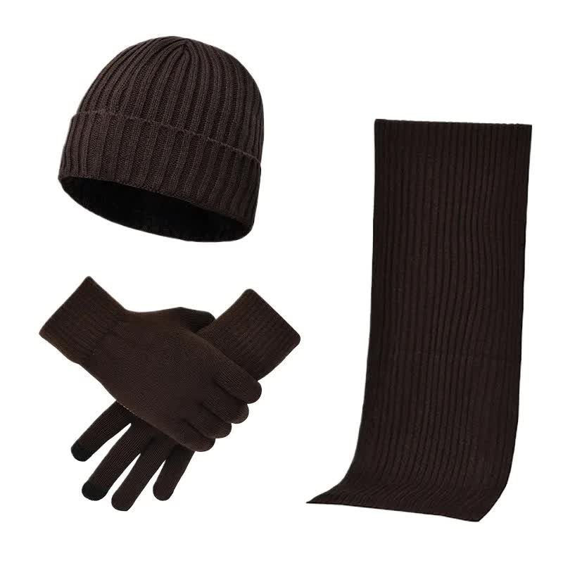V888-ELOSUNG27171-202504281311-00 Coffee Men's 3-Piece Winter Warm Ribbed Knit Beanie Hat Scarf and Gloves Set - Image 1