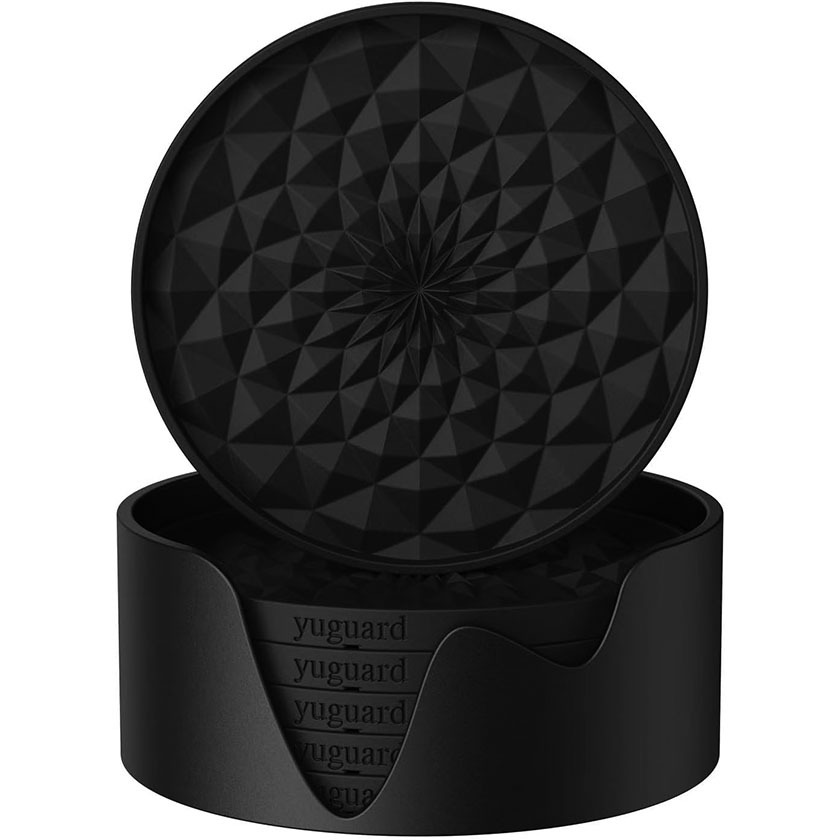 V888-ELOSUNG27195-202504281512-00 Black Geometric Silicone Drink Coasters Set (6 Pack) with Holder - Non-Slip Table Protectors - Image 1