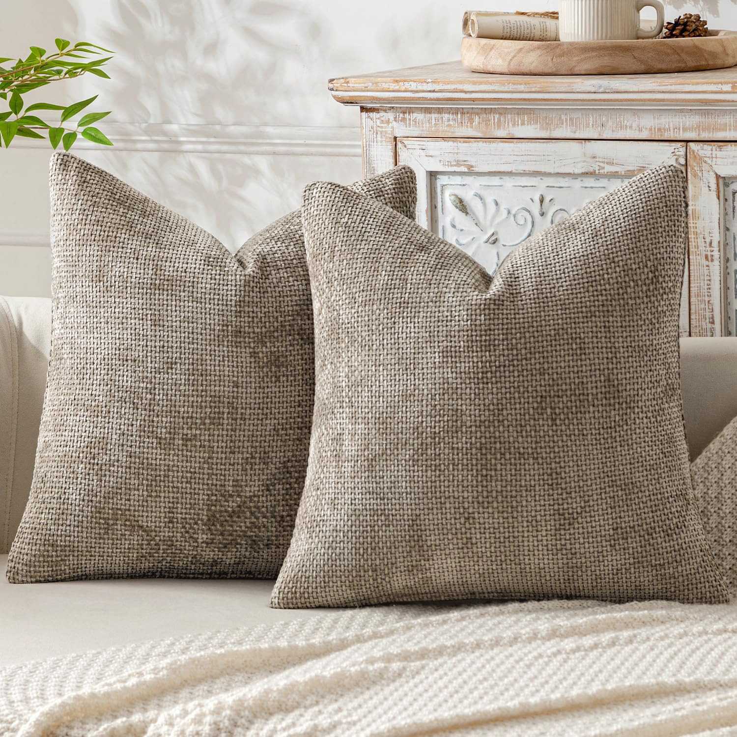 V888-ELOSUNG27215-202504281245-00 Khaki Plush Chenille Cushion Covers Set of 2 - Soft Textured Decorative Throw Pillow Cases for Sofa Couch, 45x45cm - Image 1