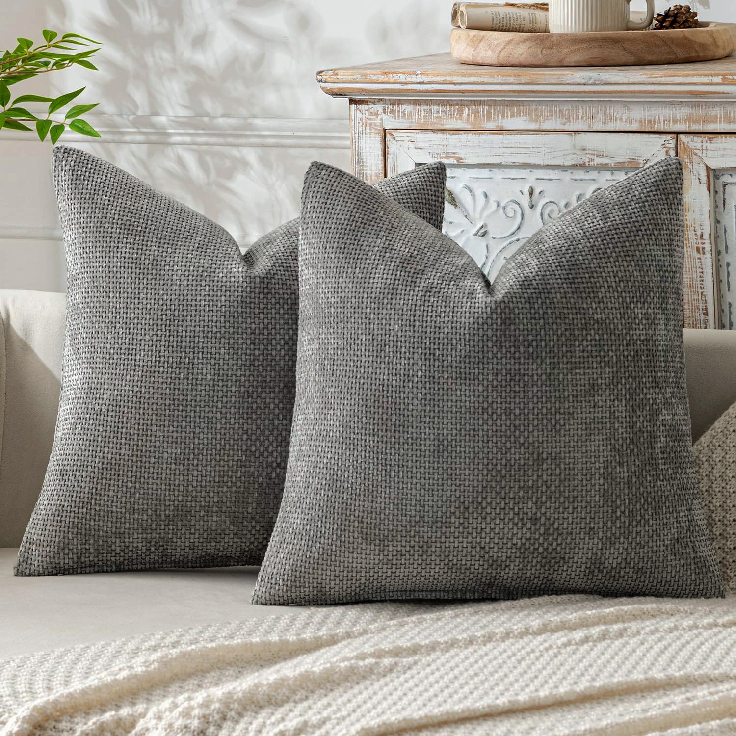 V888-ELOSUNG27216-202504281245-00 Grey Plush Chenille Cushion Covers Set of 2 - Soft Textured Decorative Throw Pillow Cases for Sofa Couch, 45x45cm - Image 1