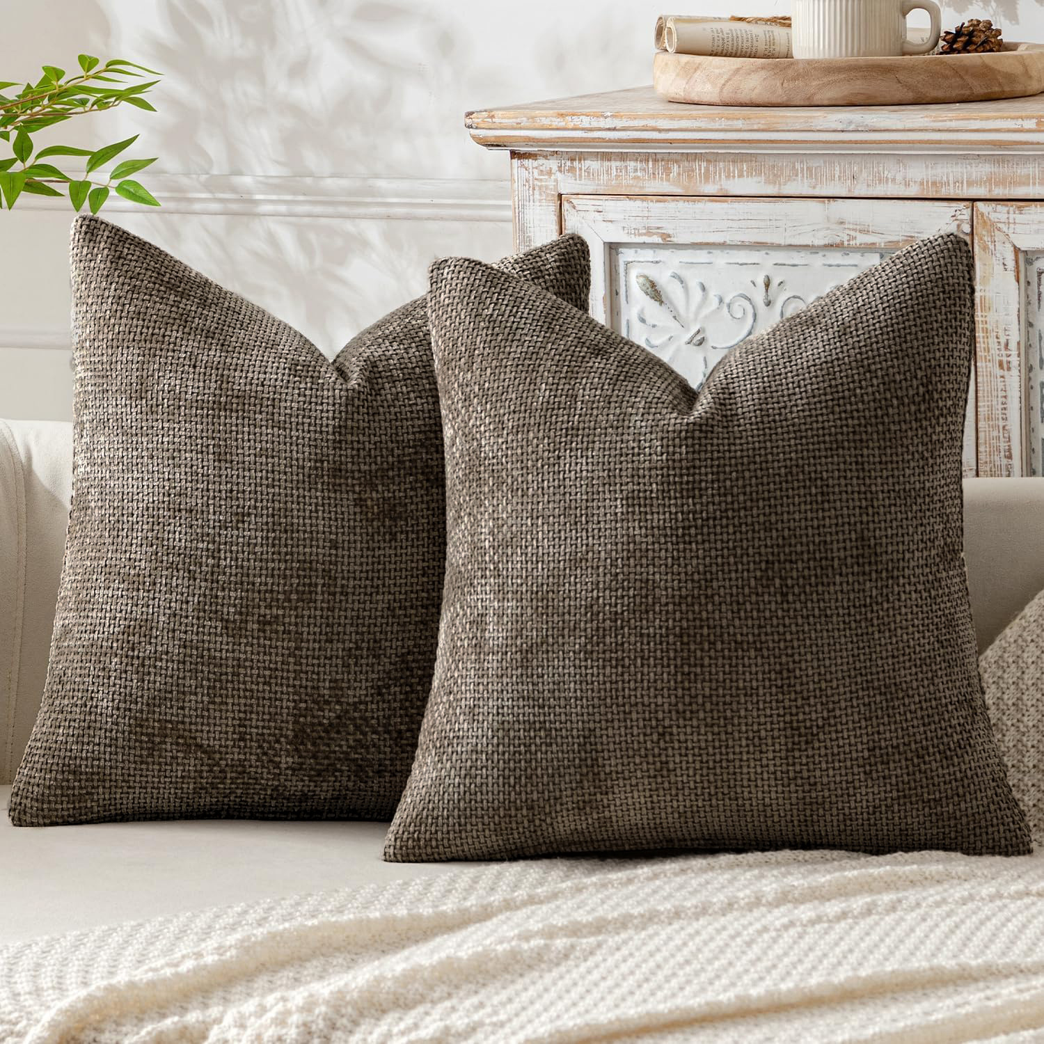 V888-ELOSUNG27217-202504281246-00 Brown Plush Chenille Cushion Covers Set of 2 - Soft Textured Decorative Throw Pillow Cases for Sofa Couch, 45x45cm - Image 1