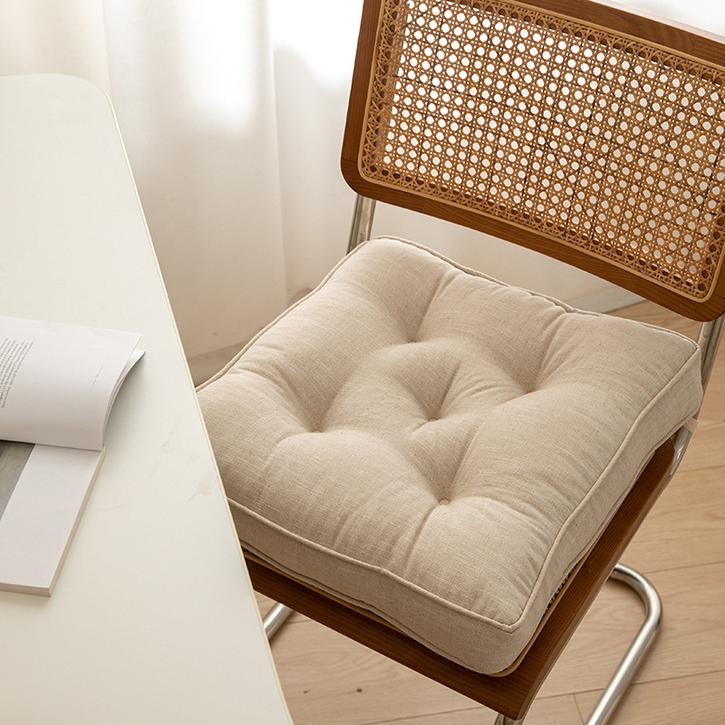 V888-ELOSUNG27230-202504281325-00 Beige Soft And Thick Seat Cushion - Cotton Linen Blend Chair Pad with Ties - 43x43cm - Image 1