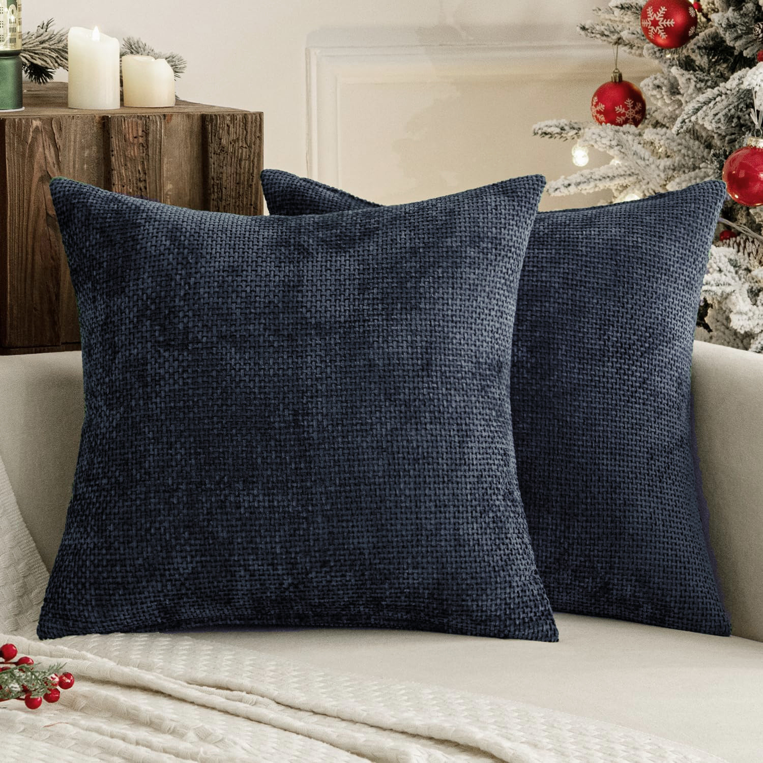 V888-ELOSUNG27240-202504281342-00 Dark Blue Plush Chenille Cushion Covers Set of 2 - Soft Textured Decorative Throw Pillow Cases for Sofa Couch, 45x45cm - Image 1