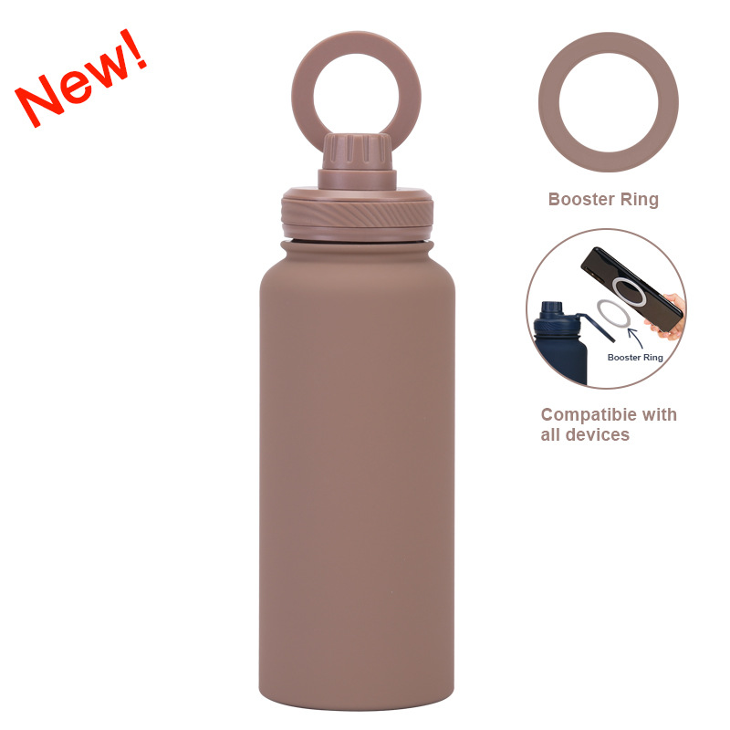 V888-ELOSUNG27244-202504281348-00 Brown 1L Stainless Steel Water Bottle with Magnetic Phone Holder Lid - Portable Hydration & Hands-Free Stand - Image 1