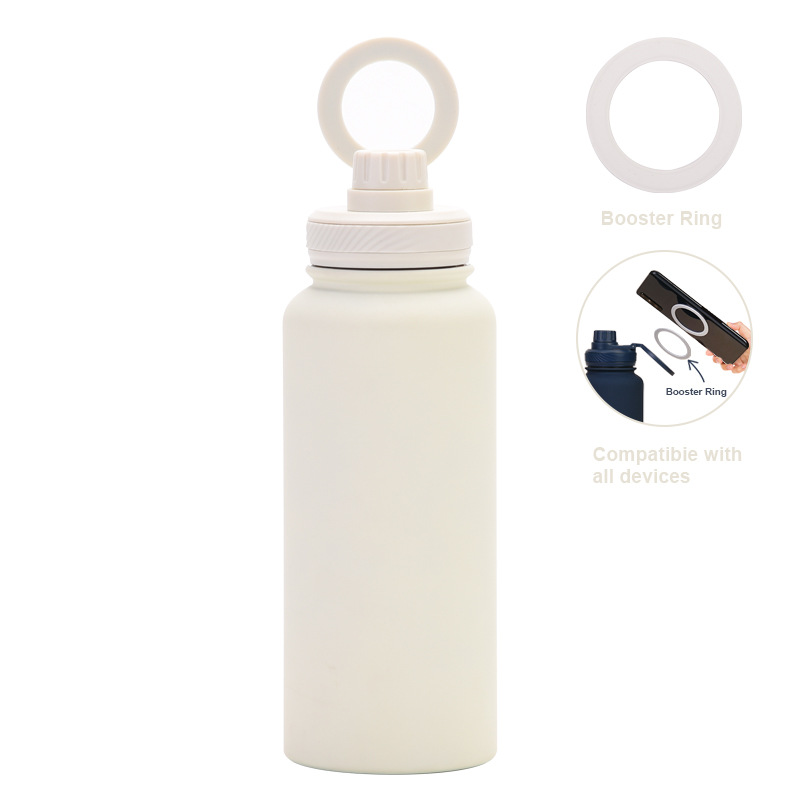V888-ELOSUNG27248-202504281421-00 White 1L Stainless Steel Water Bottle with Magnetic Phone Holder Lid - Portable Hydration & Hands-Free Stand - Image 1