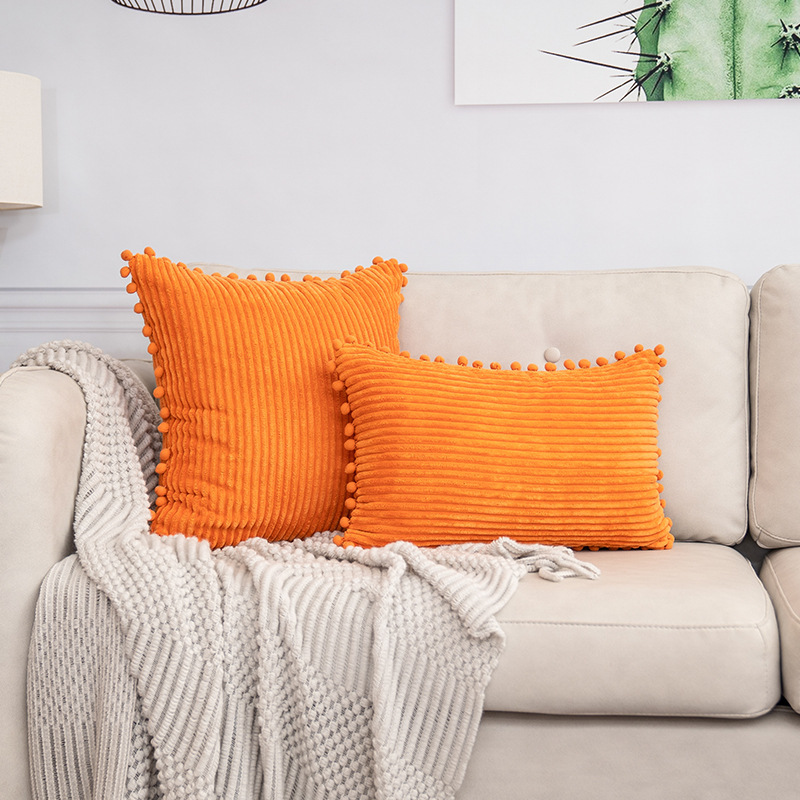 V888-ELOSUNG27275-202504281618-00 Orange Soft Corduroy Cushion Cover Set (1 Square + 1 Rectangular) with Pom Pom Trim - Decorative Throw Pillow Cases for Sofa Couch - Image 1