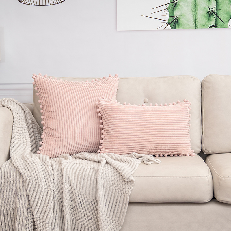 V888-ELOSUNG27283-202504291532-00 Pink Soft Corduroy Cushion Cover Set (1 Square + 1 Rectangular) with Pom Pom Trim - Decorative Throw Pillow Cases for Sofa Couch - Image 1