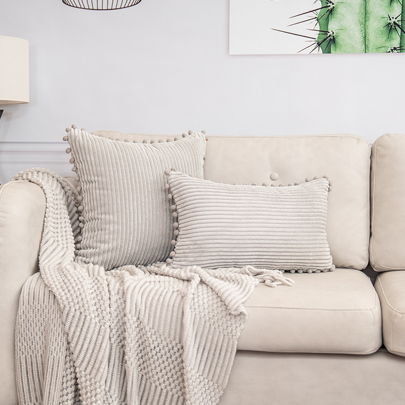 V888-ELOSUNG27284-202504291533-00 Light Grey Soft Corduroy Cushion Cover Set (1 Square + 1 Rectangular) with Pom Pom Trim - Decorative Throw Pillow Cases for Sofa Couch - Image 1