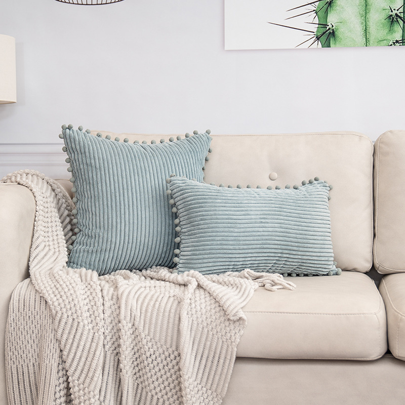 V888-ELOSUNG27287-202504291535-00 Blue Soft Corduroy Cushion Cover Set (1 Square + 1 Rectangular) with Pom Pom Trim - Decorative Throw Pillow Cases for Sofa Couch - Image 1