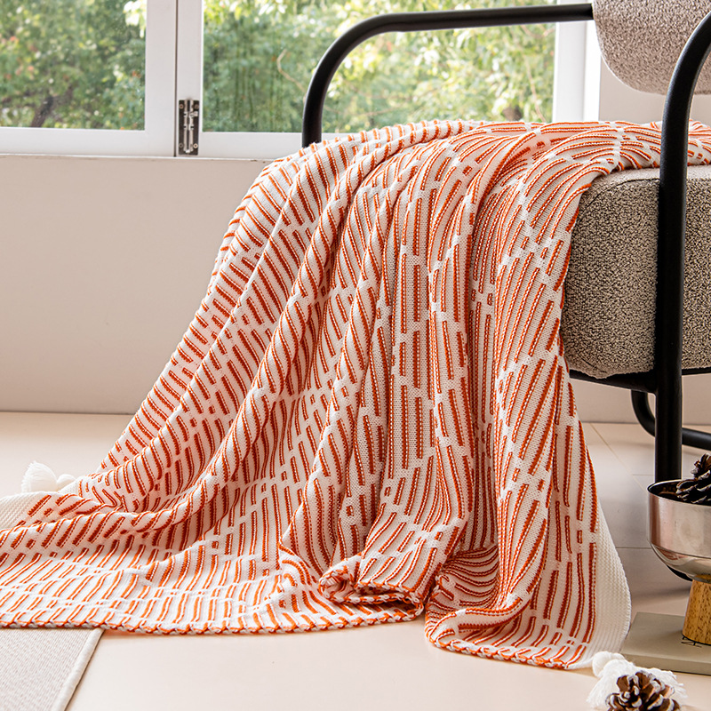 V888-ELOSUNG27324-202504301612-00 Orange and Beige Diamond Pattern Soft Cozy Knit Throw Blanket with Tassels - Geometric Pattern Lightweight Acrylic Blanket for Sofa Couch Bed, 130x150cm - Image 1
