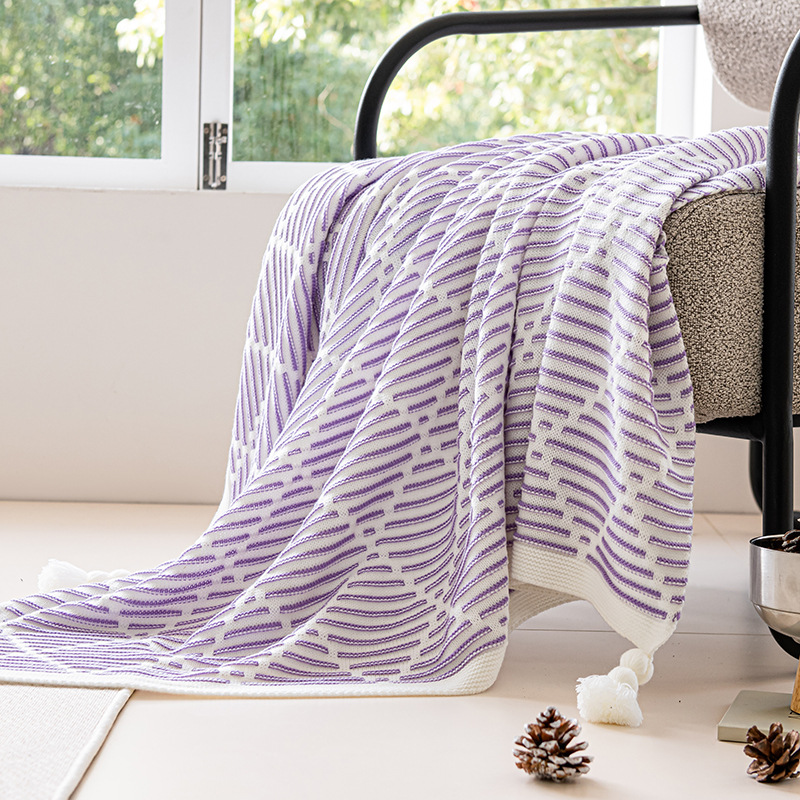 V888-ELOSUNG27325-202504301612-00 Purple and Beige Diamond Pattern Soft Cozy Knit Throw Blanket with Tassels - Geometric Pattern Lightweight Acrylic Blanket for Sofa Couch Bed, 130x150cm - Image 1